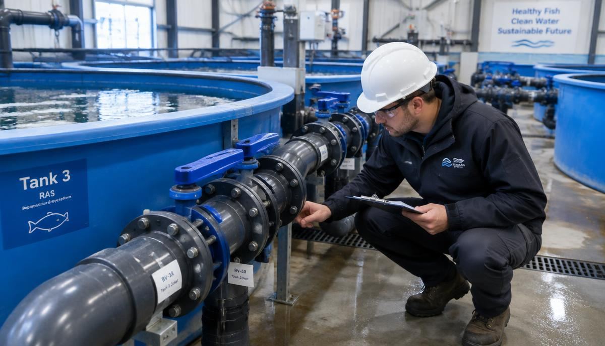 Engineer inspecting pipe flanges and valves beside fish tanks