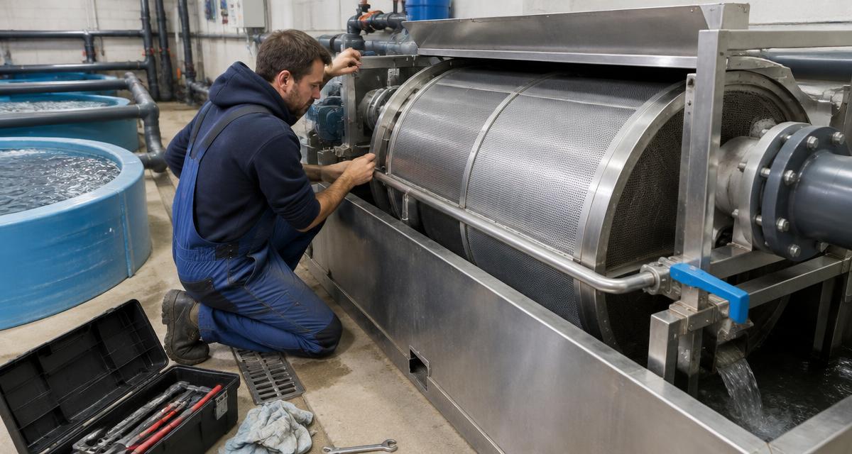 technician servicing a drum filter