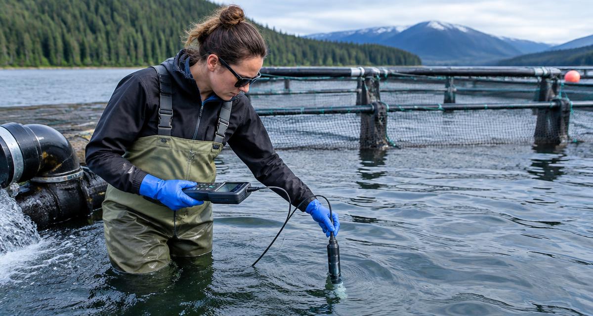 water sample testing at a river intake for a fish farm