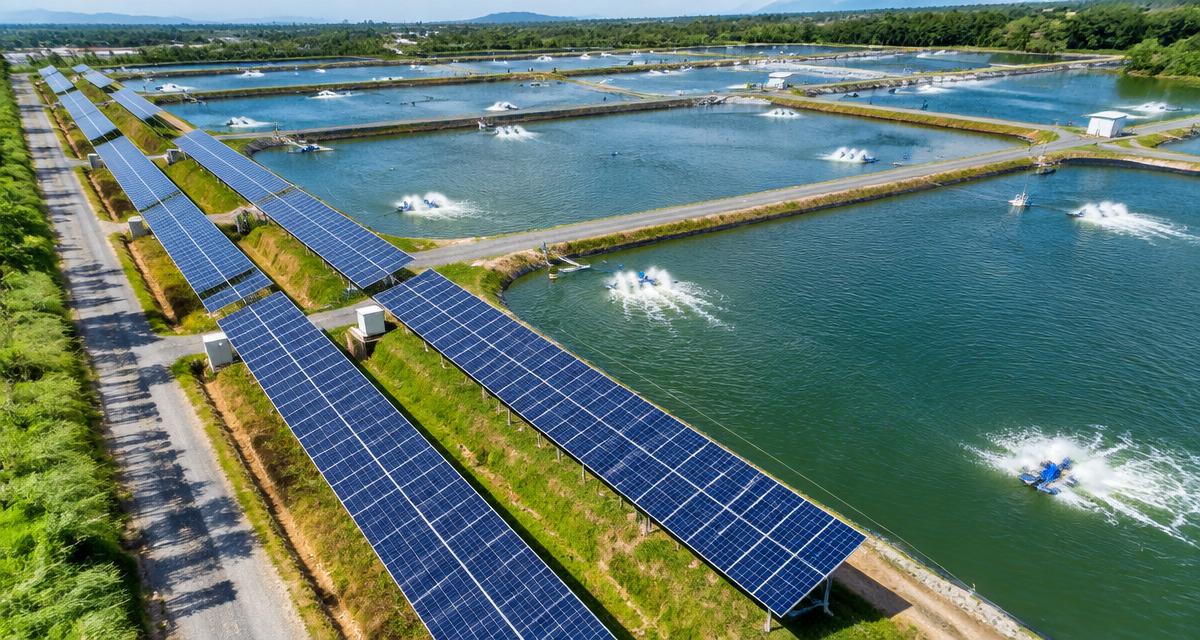 solar panels beside aquaculture ponds