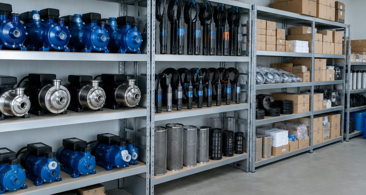 shelves of pumps, sensors and spare parts in a fish farm store