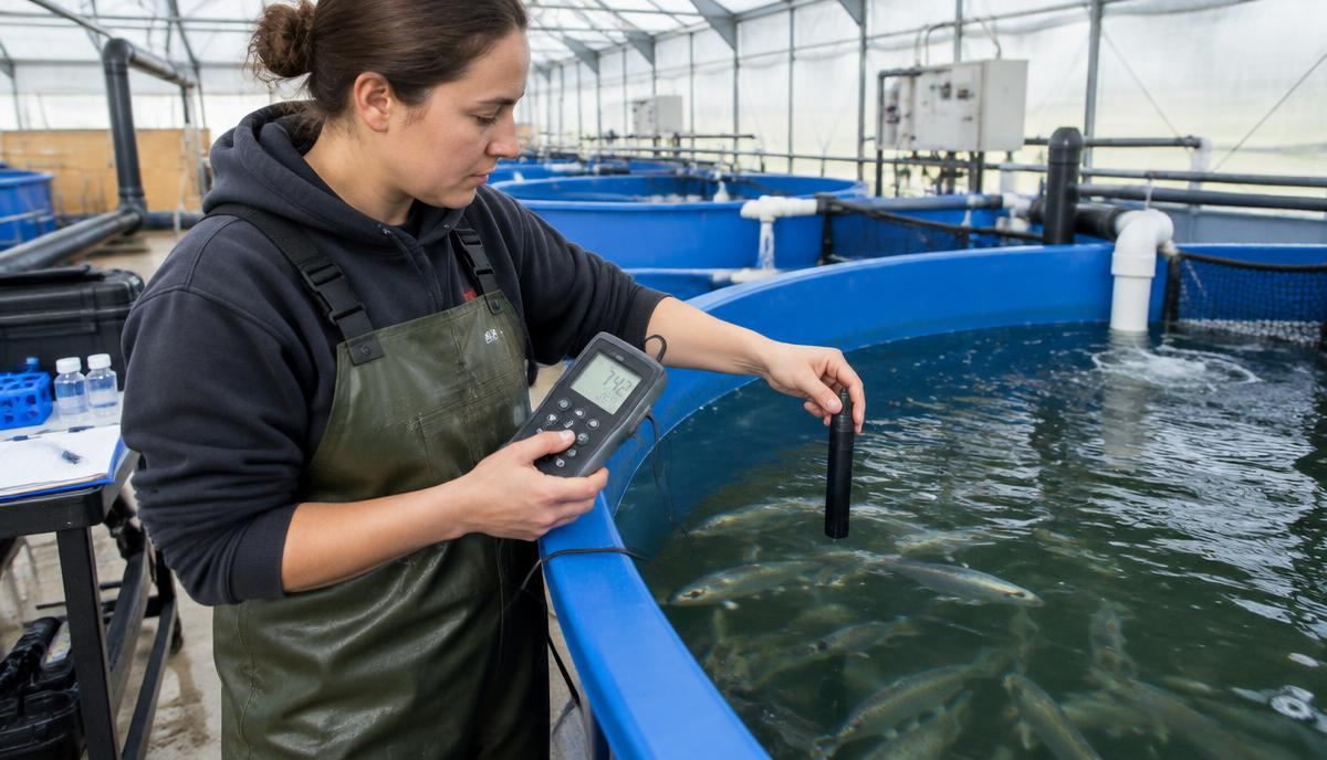 Farm technician testing water quality beside tanks