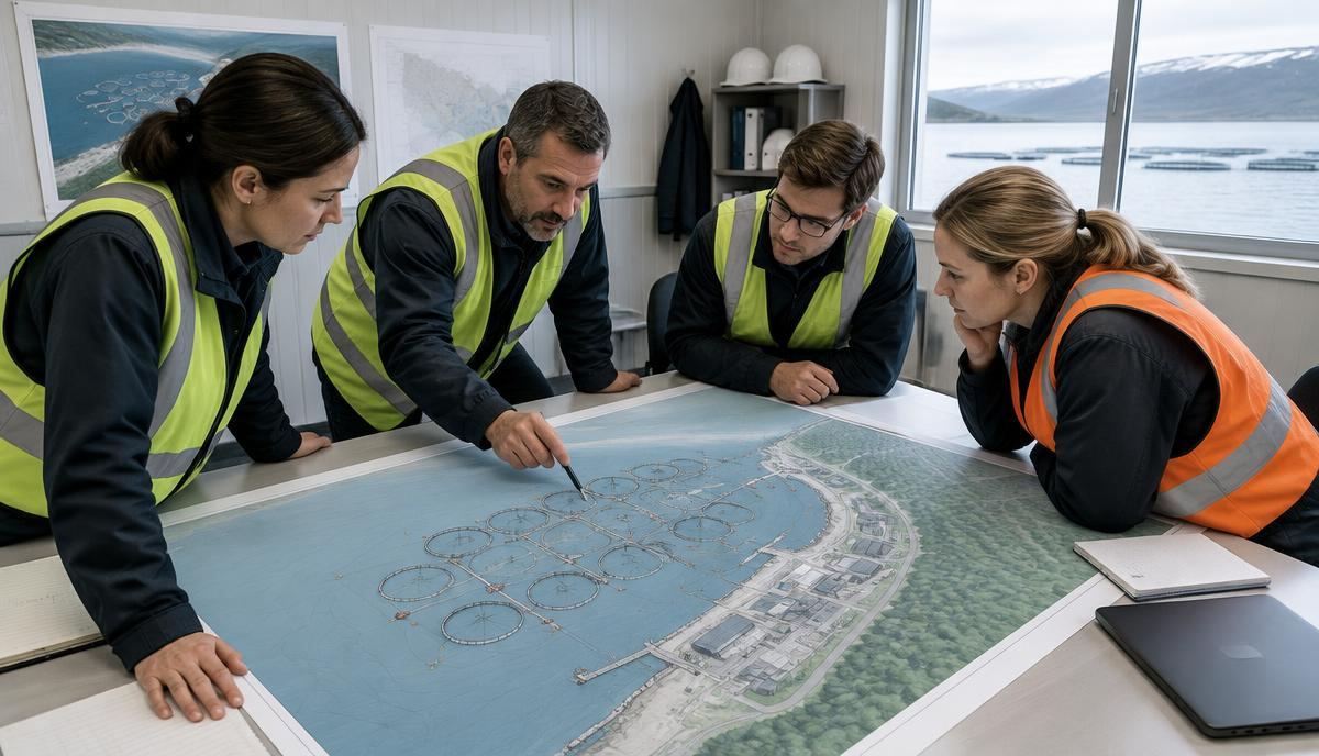Engineers reviewing a farm layout drawing