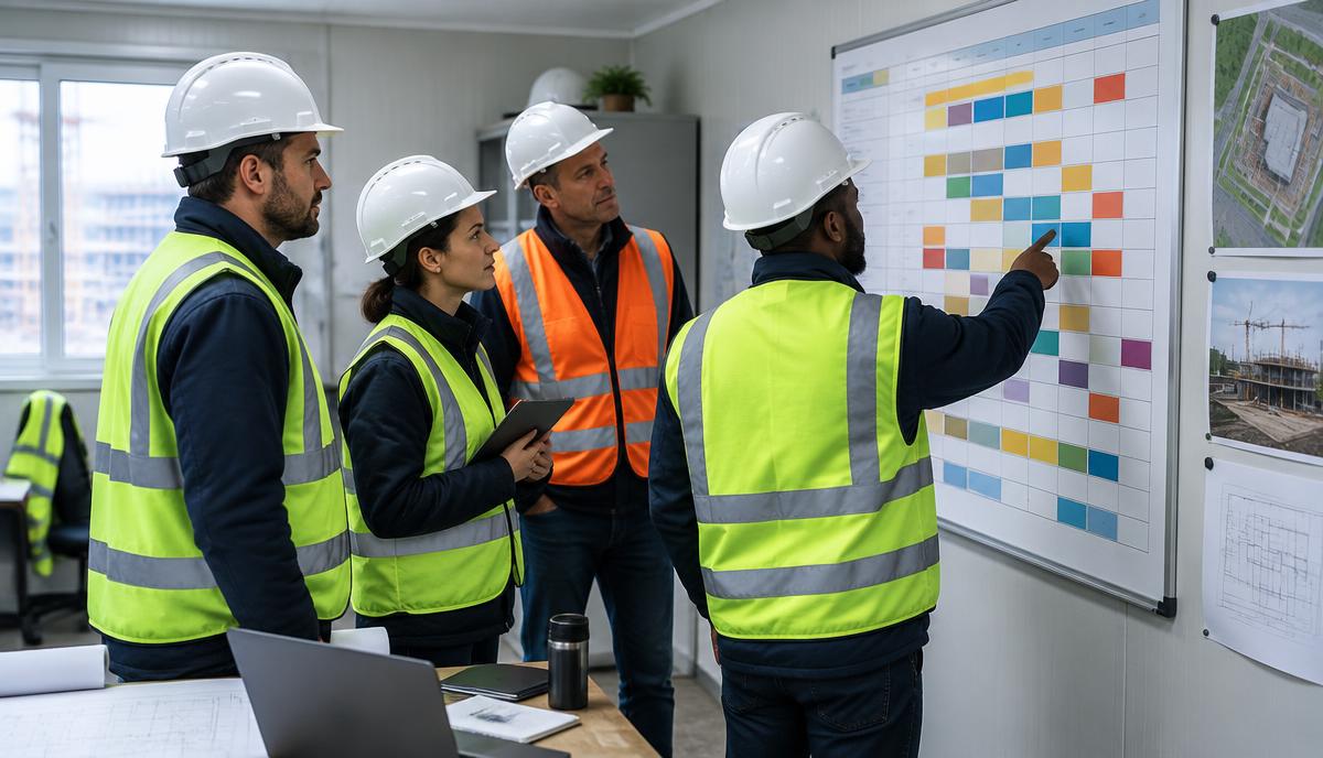 Project team reviewing a schedule board