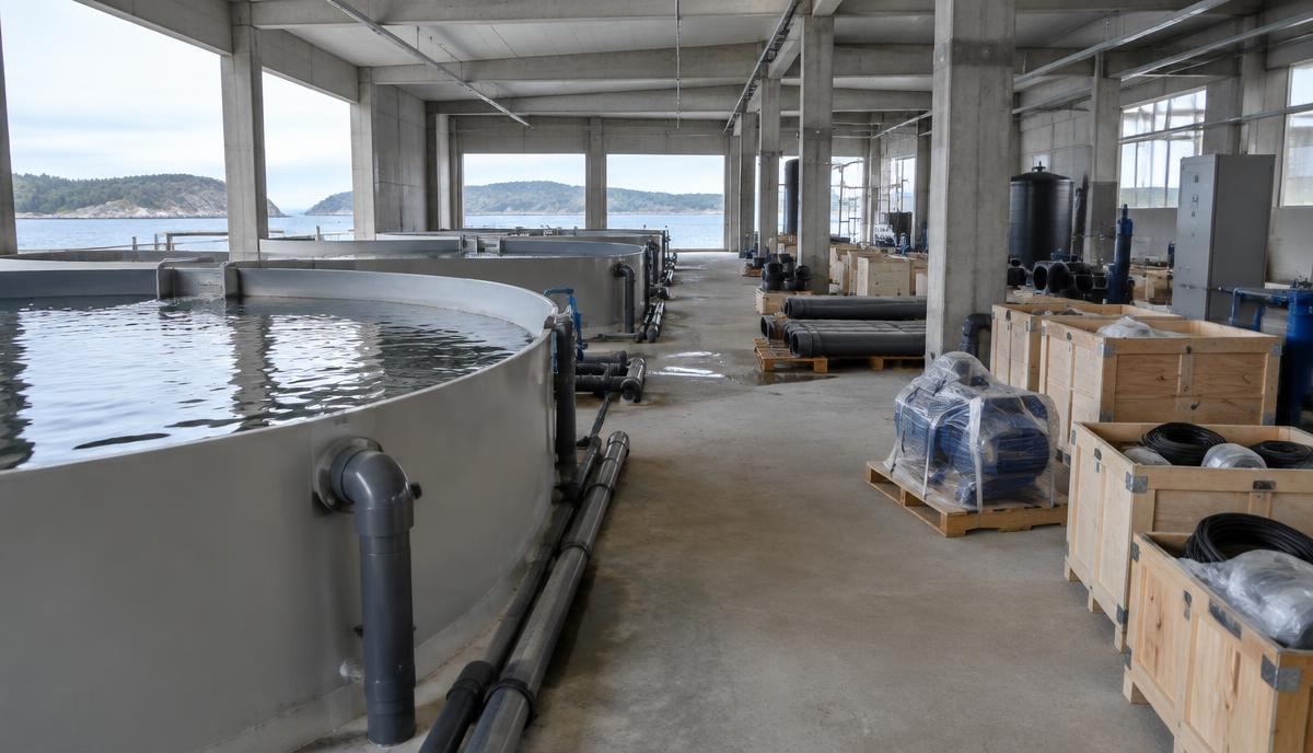 Unfinished aquaculture building with equipment crates awaiting installation