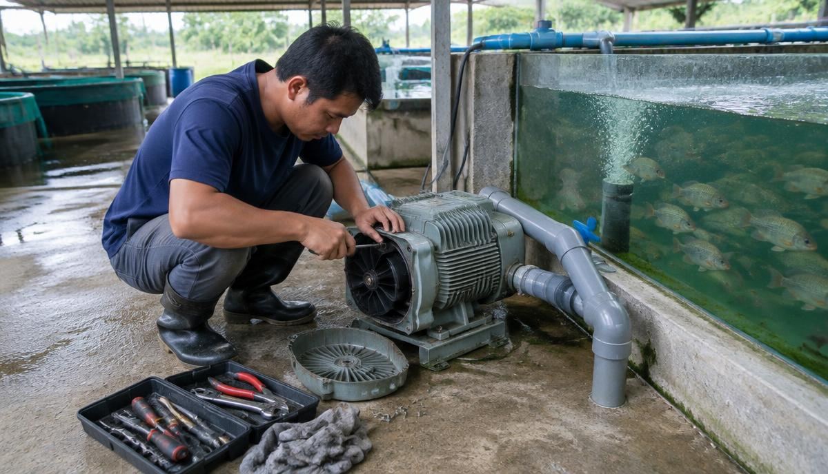Technician repairing a blower beside a fish tank