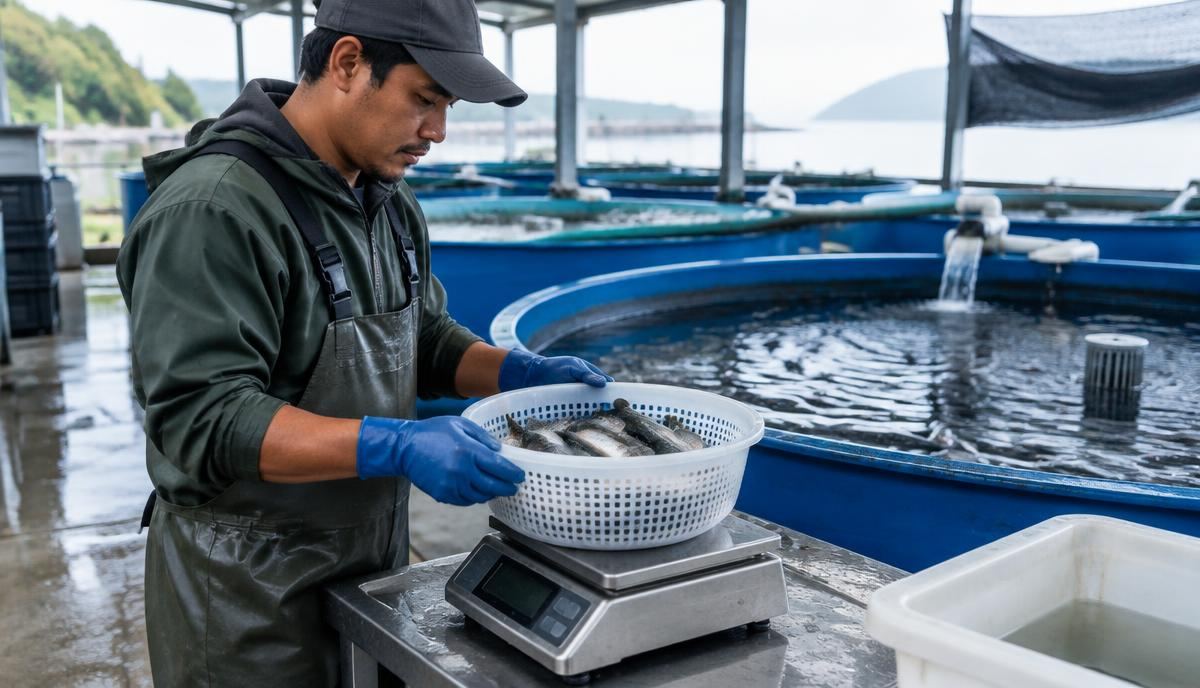 Fish farm worker weighing a fish sample beside tanks