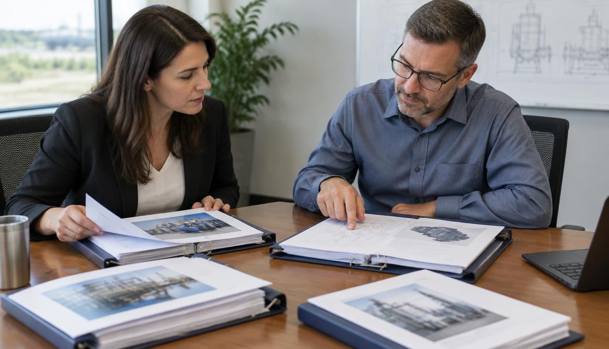 Buyer and engineer comparing equipment proposal binders