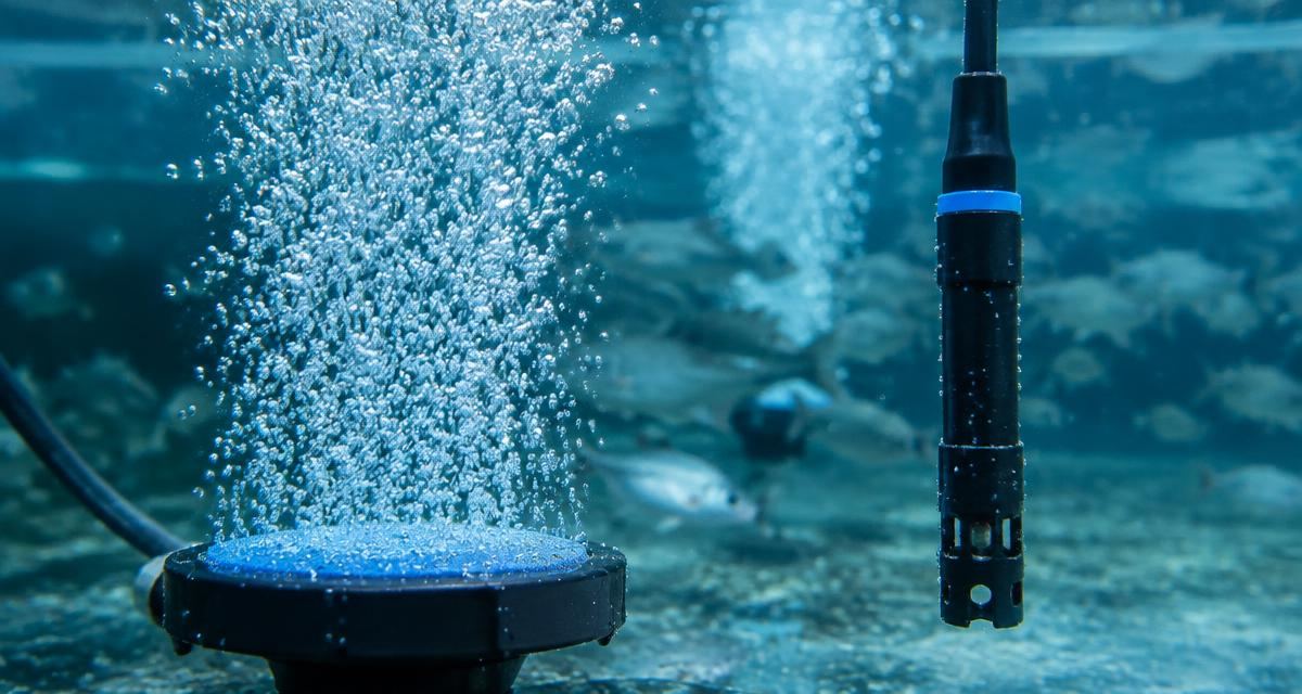 Kalkulator Keperluan Oksigen — Oxygen diffuser and dissolved oxygen probe in a fish tank