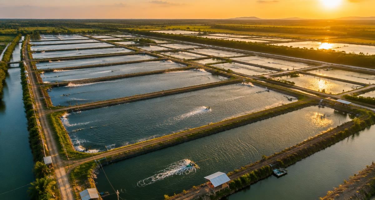 Kalkulator for tetthet (kg/m³) — Aerial view of commercial fish farming ponds