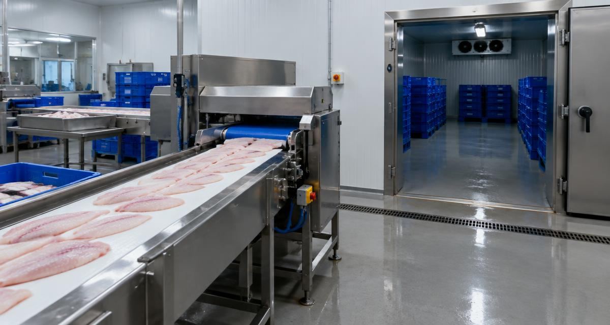 Kalkulator for prosesseringskapasitet — Fish fillet processing line next to a cold storage room