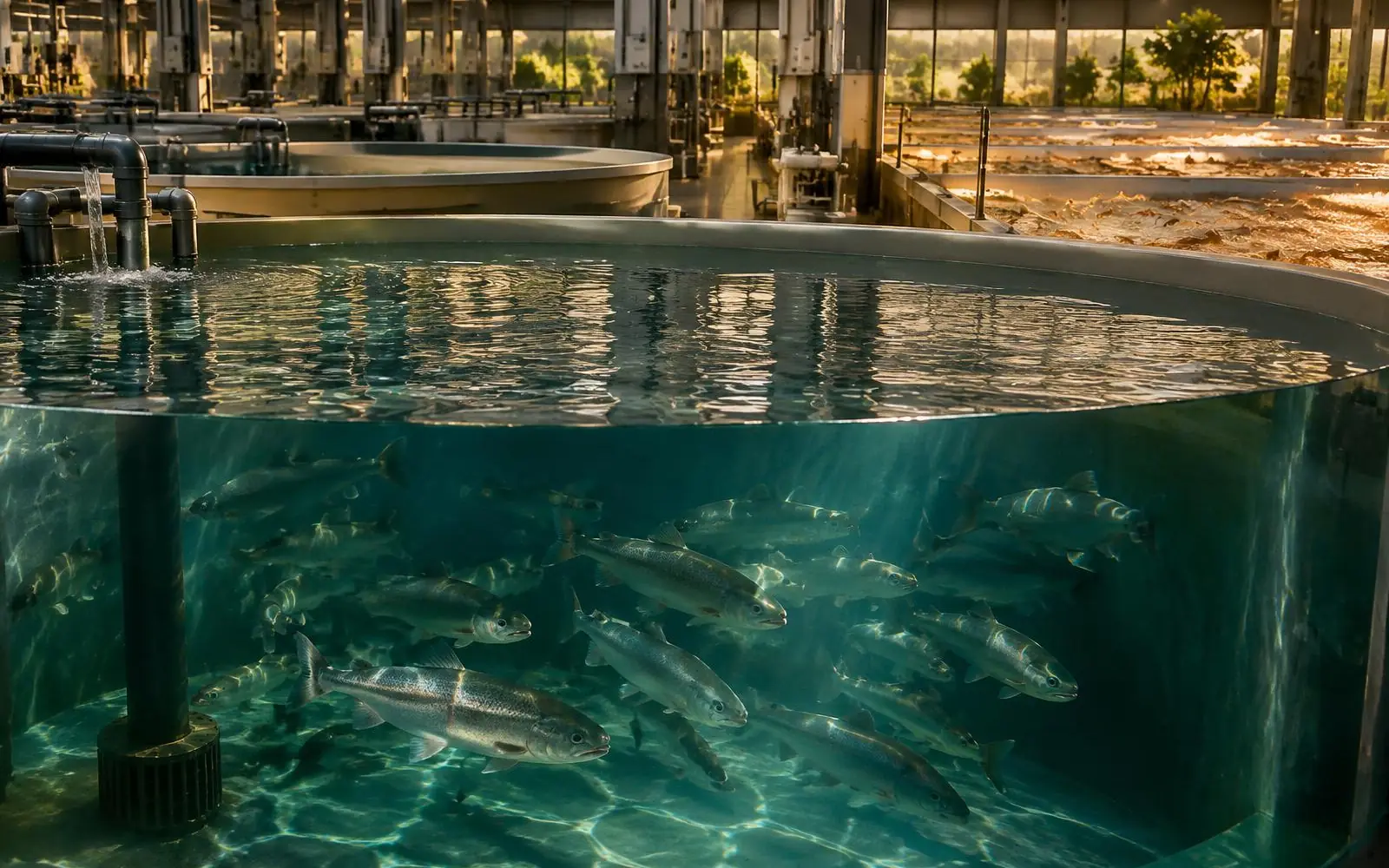 Illustrative photo: half-underwater view of a circular recirculating aquaculture tank with a school of fish below the waterline and an indoor tank hall with shrimp raceways behind