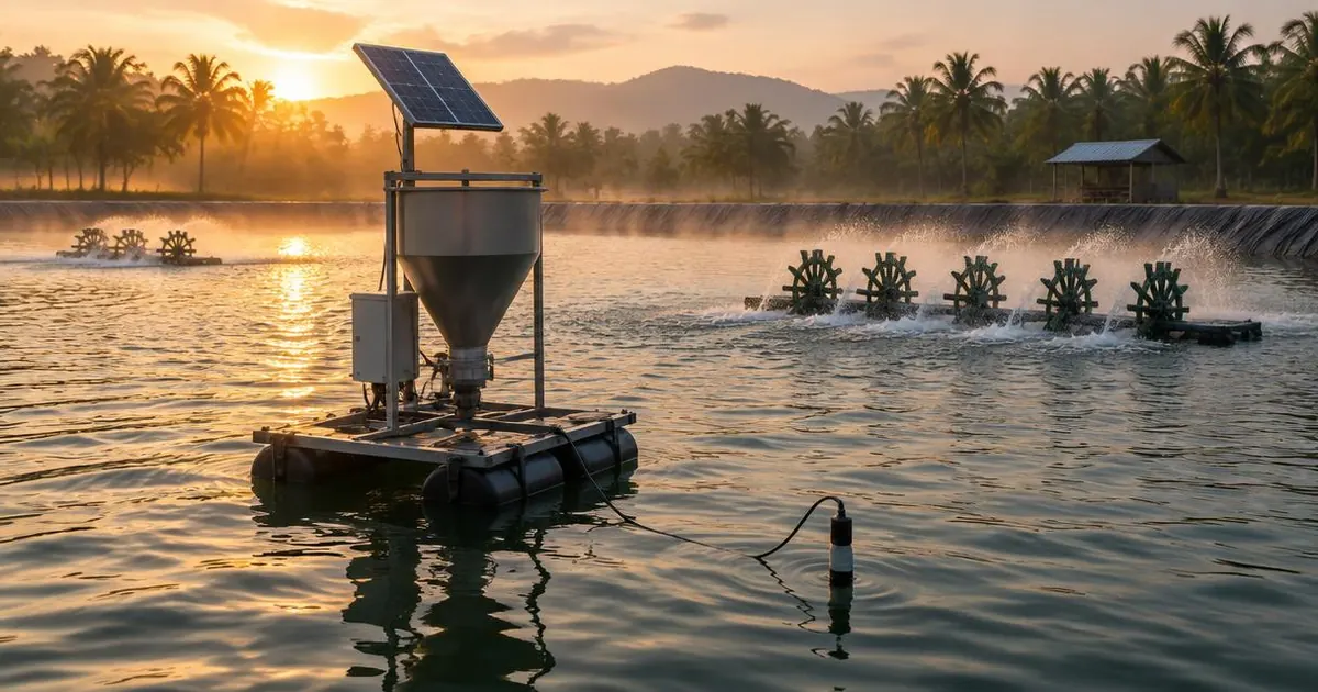 Illustrative photo: solar-powered automatic feeder on a floating platform in a lined shrimp pond at dawn, with an underwater sensor cable and paddlewheel aerators behind