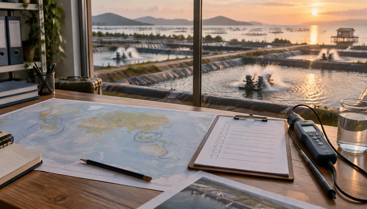 Planning desk with a world map with countries circled in pencil, a site checklist and an oxygen meter, overlooking lined shrimp ponds with paddlewheel aerators and floating fish cages at sunset