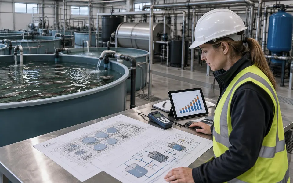 Ingénieure de projet examinant un plan de ferme, un schéma de circulation d'eau et un graphique CAPEX/OPEX à côté de bassins circulaires dans une pisciculture en circuit recirculé (RAS)