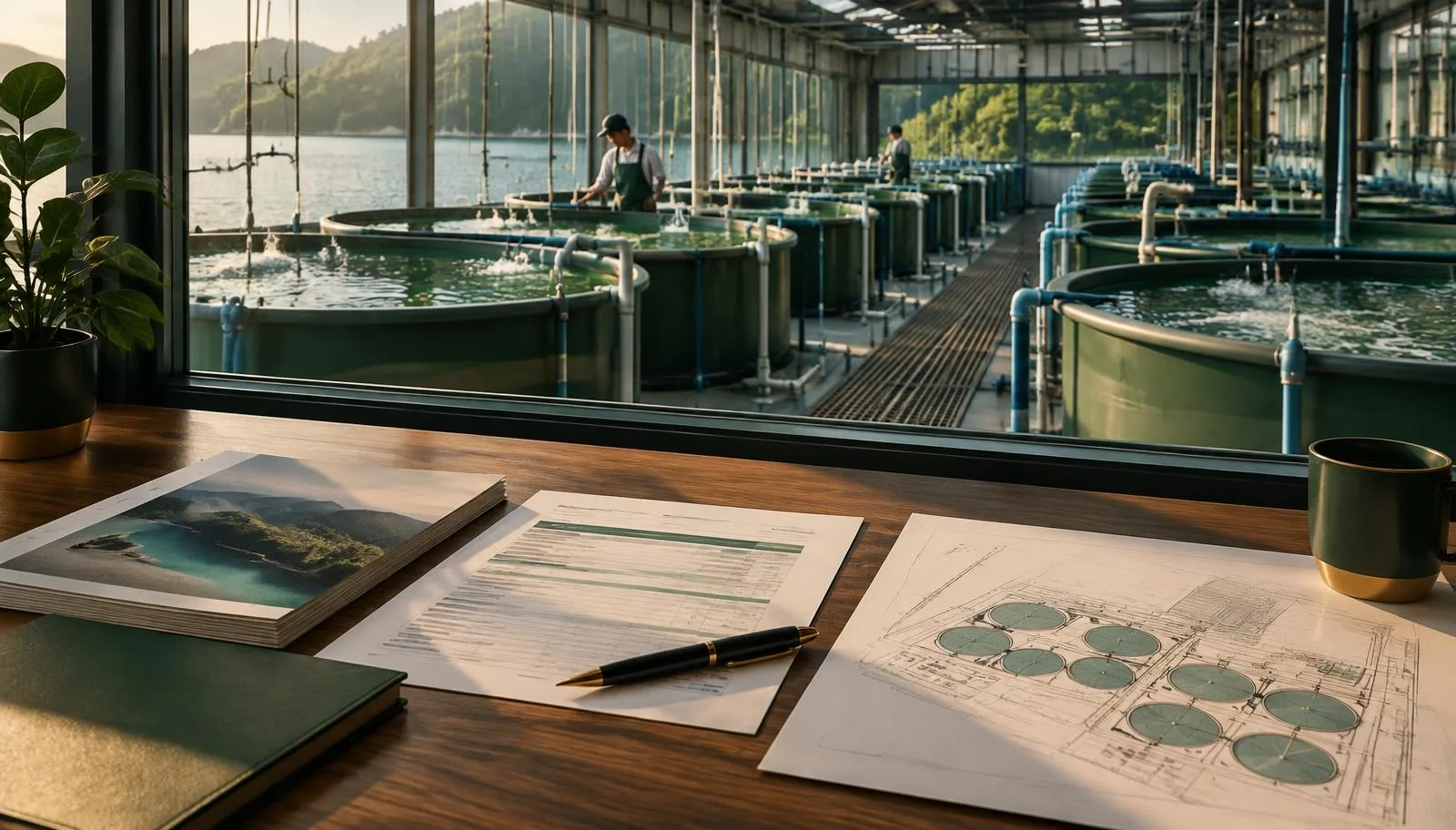 Planning desk with a loan term sheet, farm layout drawing and project brief, overlooking a hatchery hall with rows of round tanks and air lines