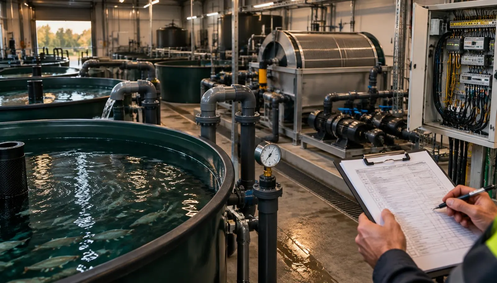 Technicien tenant une liste d’essais de réception près de bacs circulaires, d’un filtre à tambour, de pompes et d’une armoire électrique lors de la mise en service d’une installation RAS