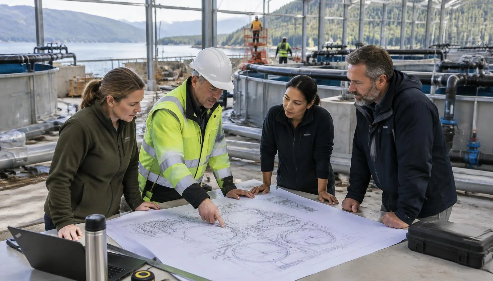 Project team of farm manager, engineer, technician and supplier representative reviewing a layout drawing at a fish farm under construction with RAS tanks behind