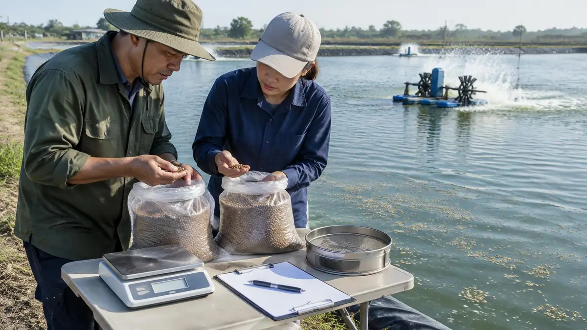 Farm manager and feed technician comparing two sample bags of feed pellets beside an aerated pond, with a scale, sieve and clipboard