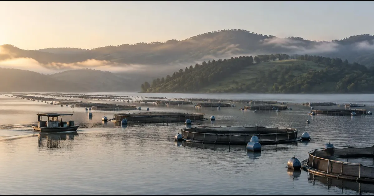 Illustrative photo: floating tilapia net cages on a misty reservoir with a small work boat