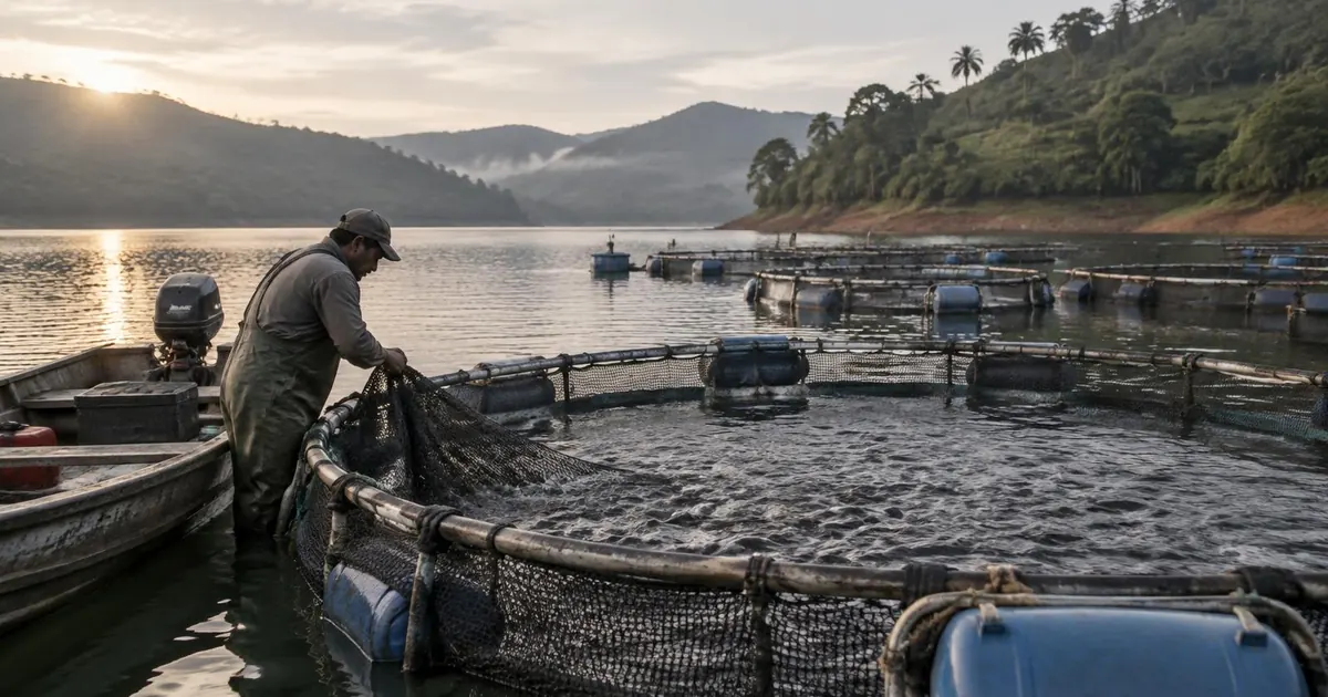Illustrative scene: a worker checks net cages for fish in a Brazilian reservoir at dawn