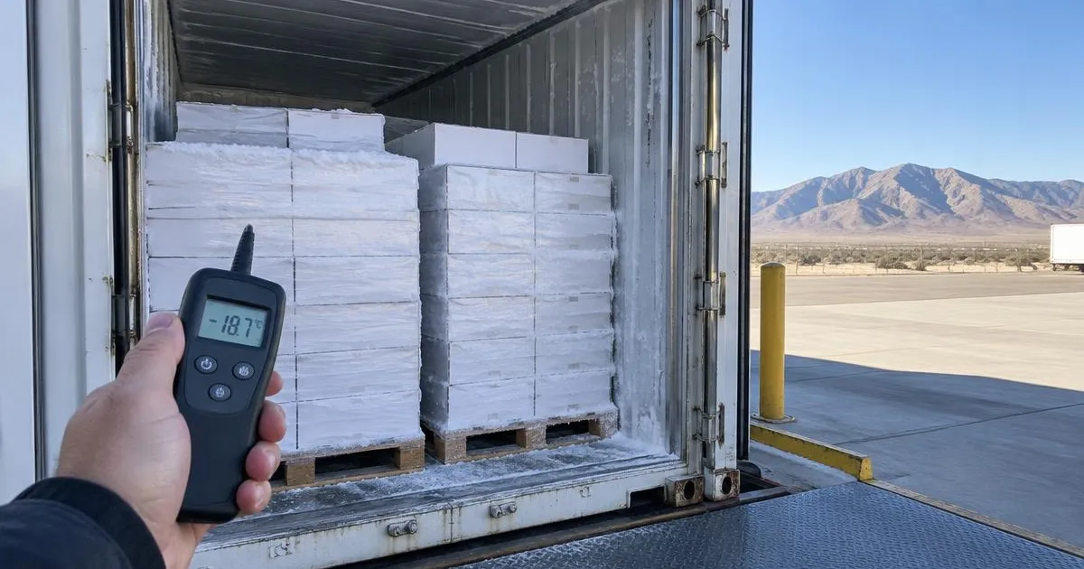 Illustrative photo: frozen fish cartons in an open reefer container with a hand-held thermometer reading below –18 °C