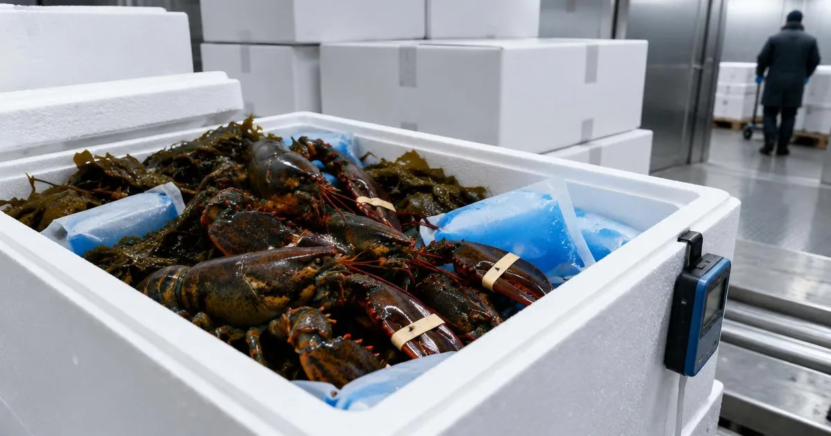 Illustrative photo: live lobsters packed with seaweed and gel ice packs in an insulated box, with a temperature data logger