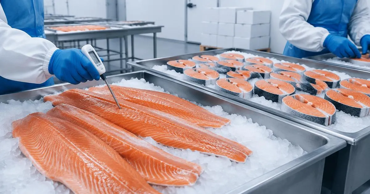 Illustrative photo: chilled salmon fillets and steaks on ice in a seafood processing cold room, with a probe thermometer