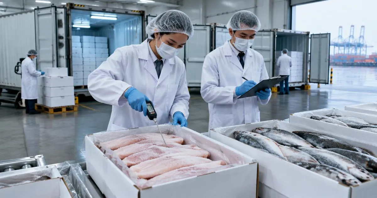 Illustrative photo: inspectors checking frozen fish fillets and whole fish with a probe thermometer at a port cold-chain hall