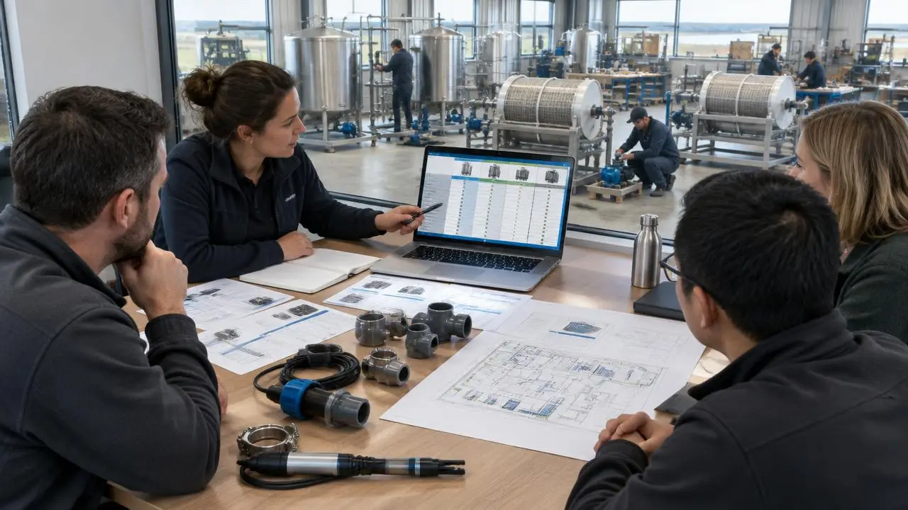 Procurement team comparing supplier offers on a laptop beside specification sheets, a site layout drawing, pipe fittings and a water-quality probe, overlooking a factory floor assembling tanks and drum filters