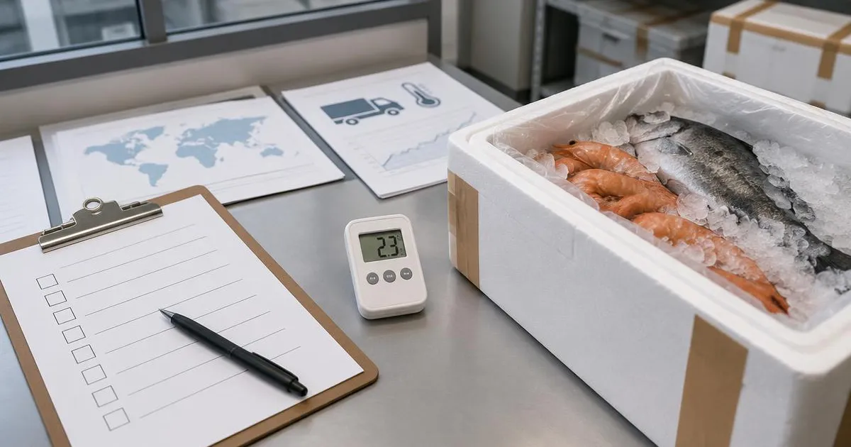 Blank review checklist, temperature logger and an insulated box of iced fish and shrimp (illustrative image)