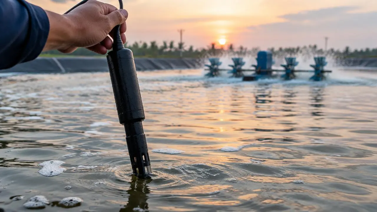 Dissolved oxygen probe lowered into a shrimp pond at dawn with paddlewheel aerators behind