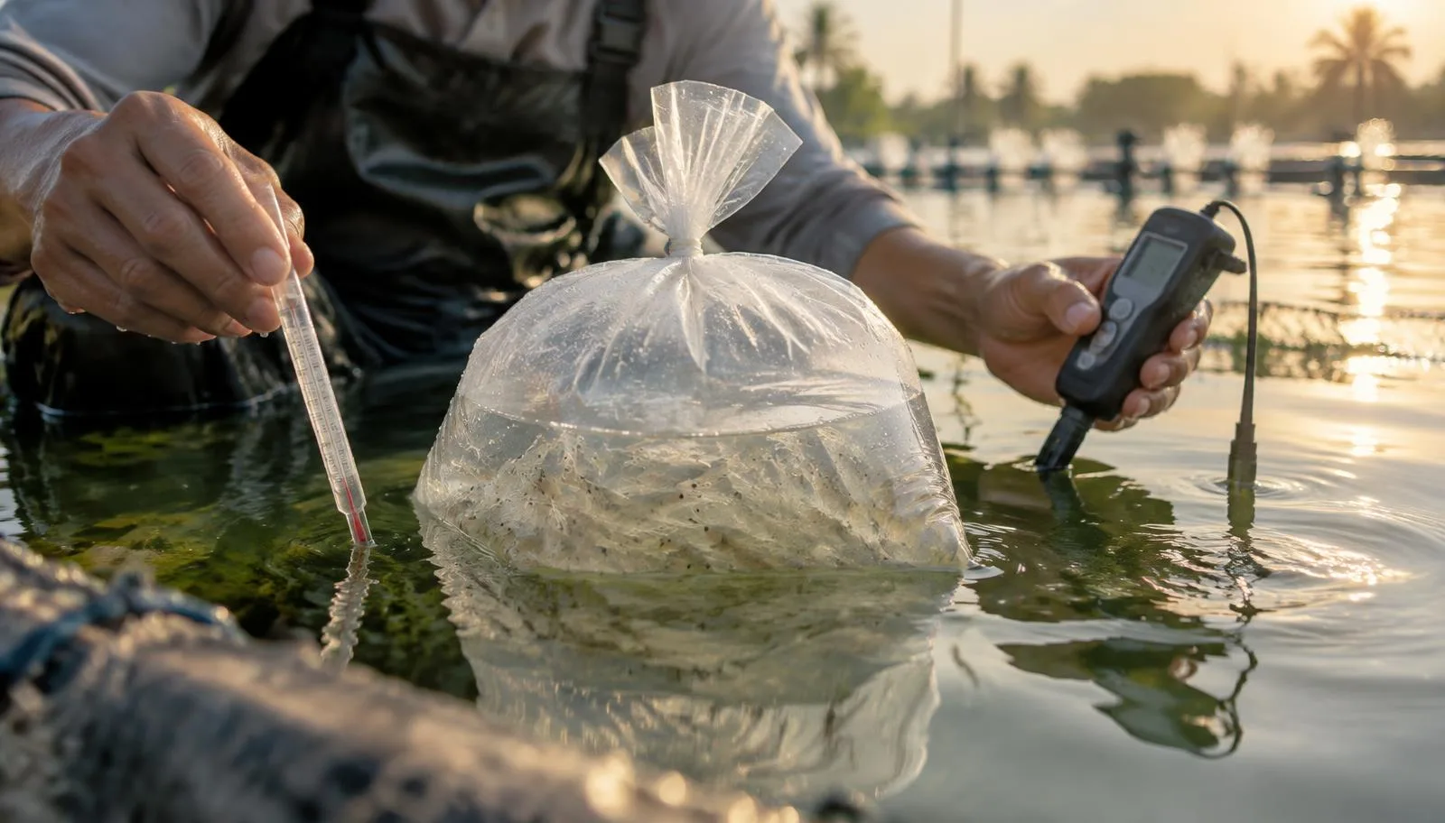 Technician floating a bag of shrimp postlarvae in a pond for acclimation while checking temperature and dissolved oxygen at sunrise
