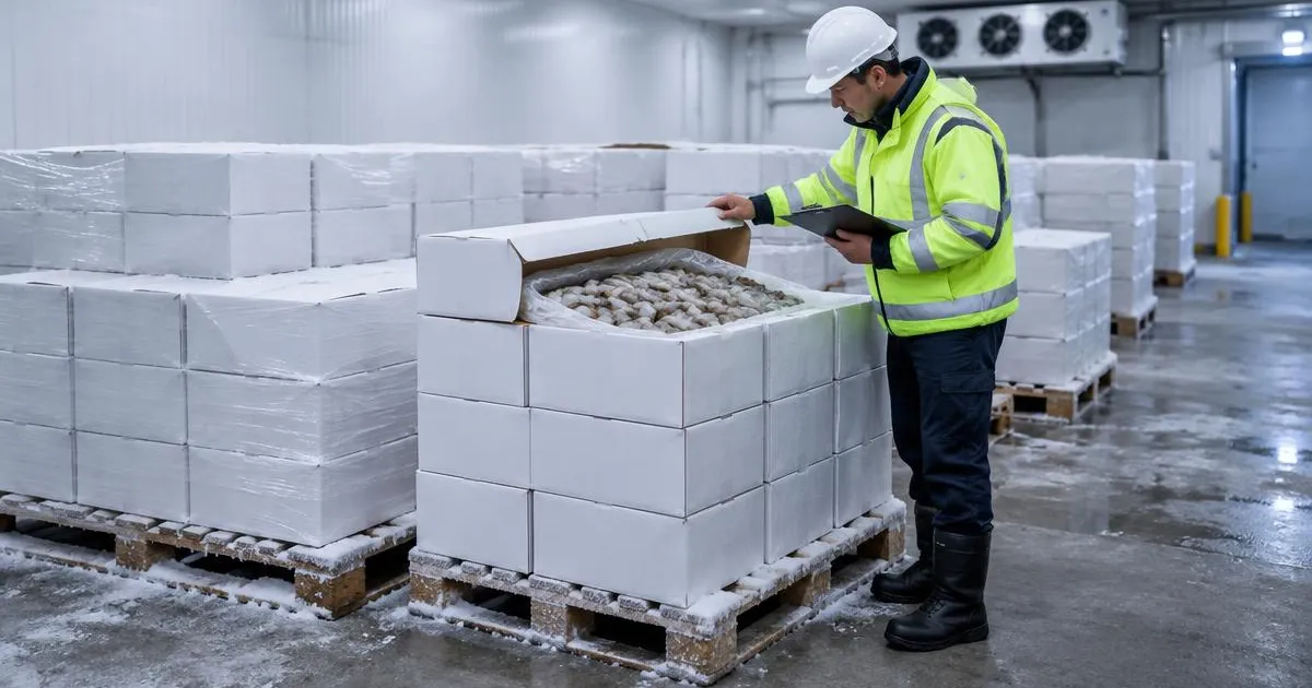 Illustrative photo: inspector checking cartons of frozen shrimp on pallets in a port cold store