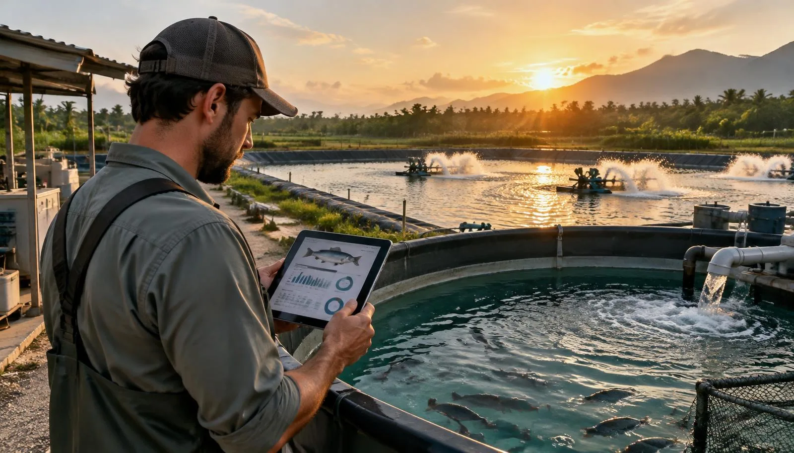 Farm manager at sunrise reviewing growth-sample charts on a tablet beside a stocked fish tank, with lined shrimp ponds and paddlewheel aerators behind