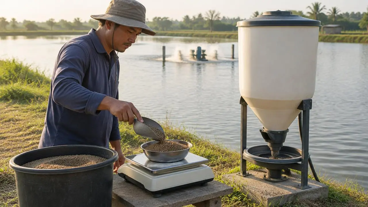Fish farm manager weighing feed pellets beside an automatic feeder on a pond bank
