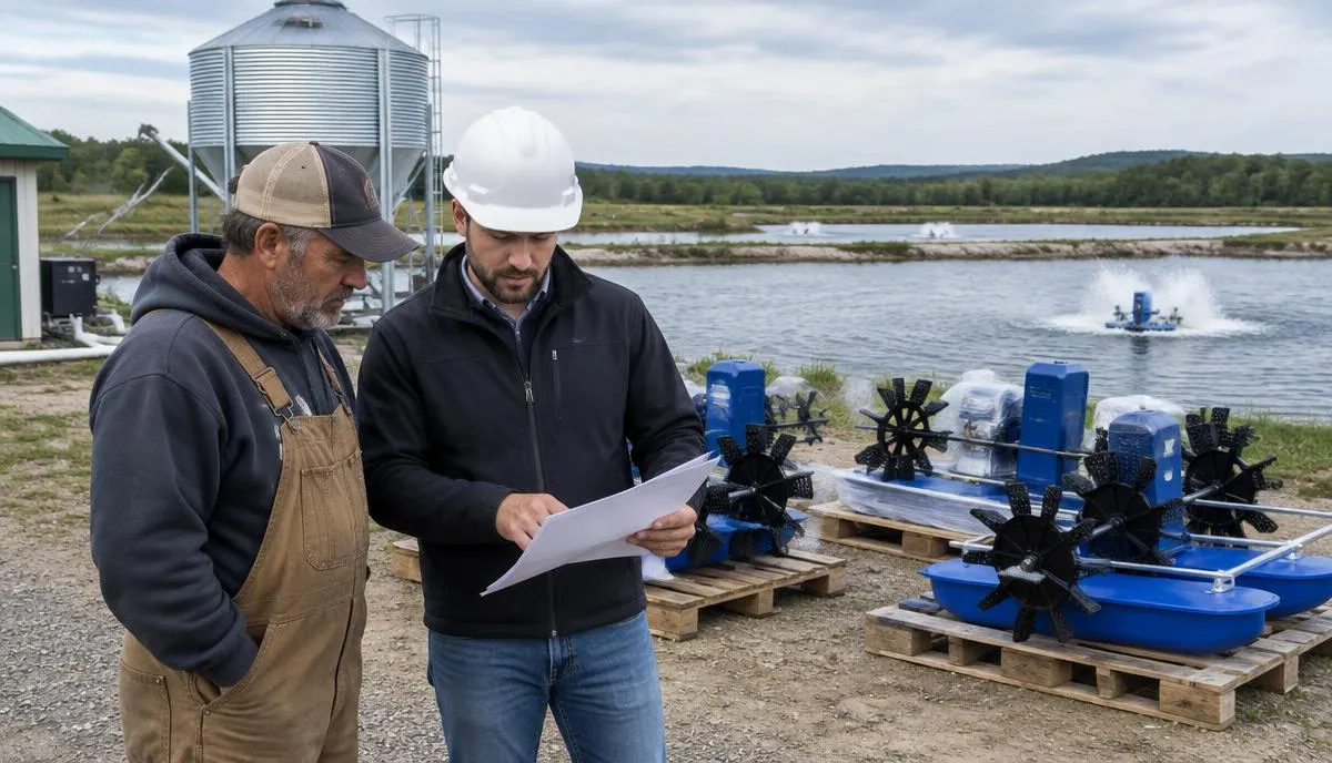 Farm owner and engineer reviewing an equipment quote beside new aerators and a feed silo at an operating fish farm