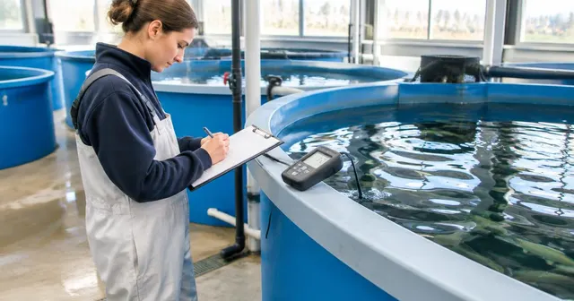 Farm technician recording observations in an incident log beside indoor fish tanks, with a water-quality meter on the tank rim