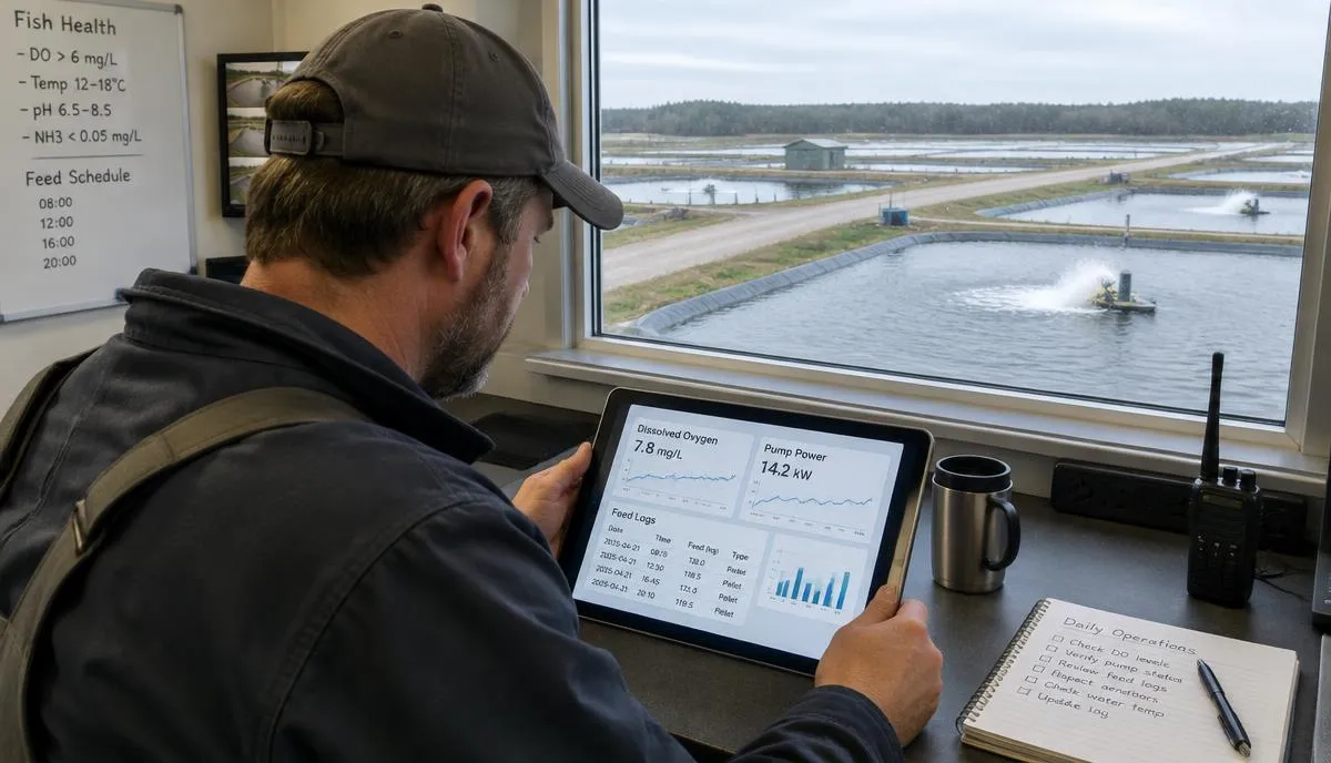 Fish farm operations manager reviewing dissolved oxygen, pump power and feed logs on a tablet with ponds outside