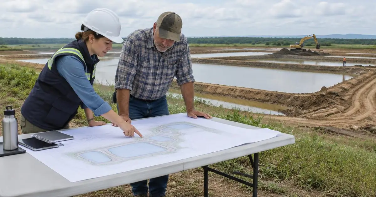 Cena ilustrativa: um engenheiro e o proprietário de uma fazenda analisando uma planta de viveiros ao lado de viveiros de aquicultura em construção