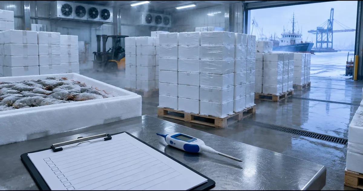 イメージ写真：港湾の冷蔵倉庫でパレットに積まれた冷凍水産物の箱と、ステンレス製の作業台に置かれた未記入のチェックリストと温度計