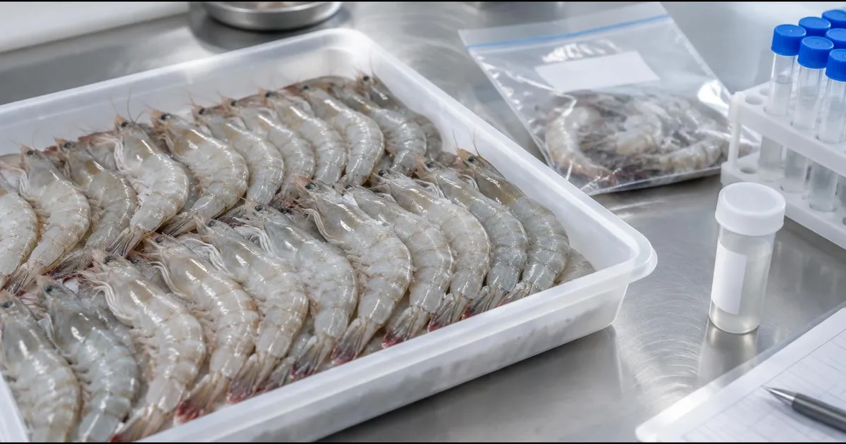 Illustrative photo: frozen whiteleg shrimp in a tray beside sample bags and test tubes for residue testing