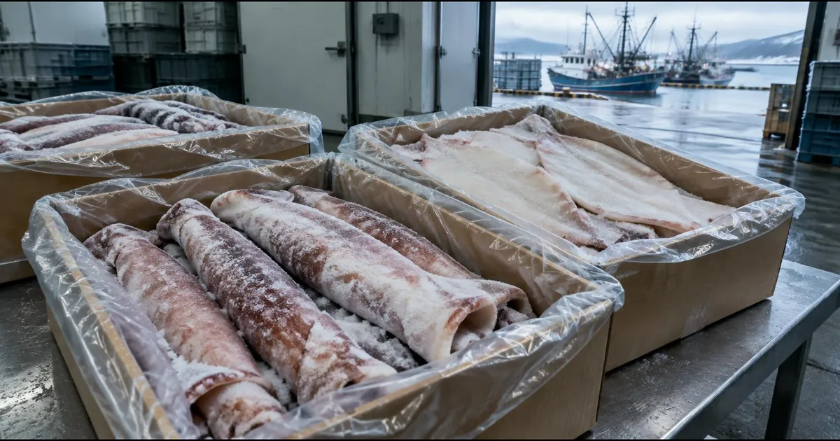 Illustrative photo: frozen squid tubes and fillets in lined cartons in a cold store, with fishing vessels at a quay behind