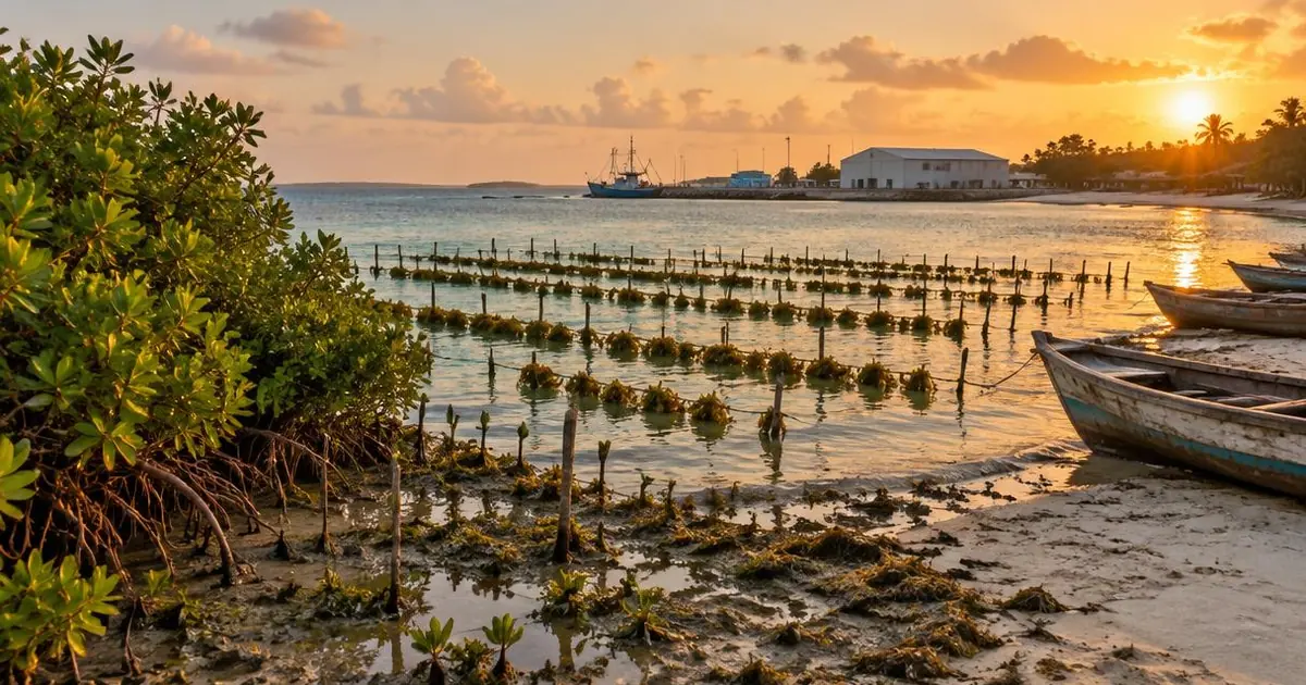 Fotografia ilustrativa: costa com mangal e linhas de cultivo de algas em águas pouco profundas no Índico ao pôr do sol, com pequenos barcos de pesca e uma câmara frigorífica costeira ao fundo