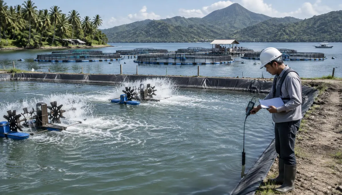Project engineer checking a dissolved oxygen meter beside paddlewheel aerators on a lined brackish-water fishpond, with round HDPE fish cages in a sheltered Philippine bay behind