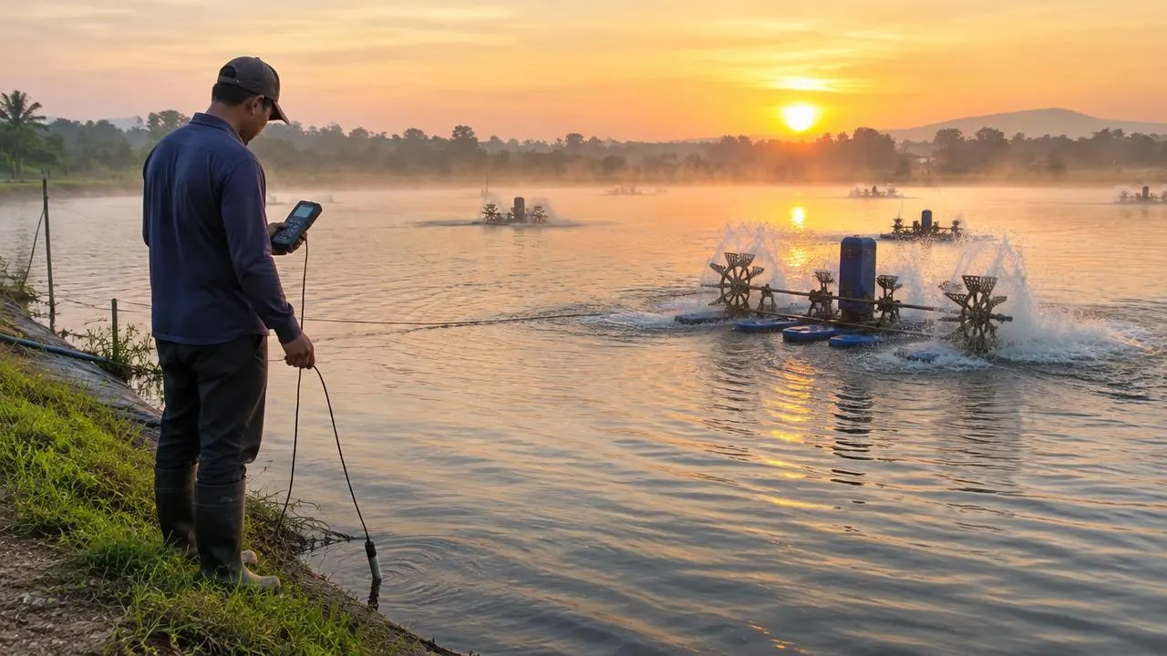 Aireadores de paletas funcionando al amanecer en un estanque piscícola mientras un trabajador mide el oxígeno disuelto