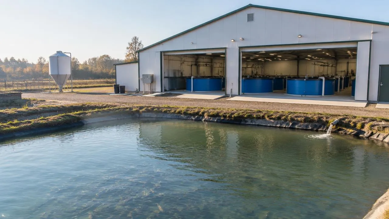 Earthen fish pond in front of a new indoor recirculating aquaculture building with round blue tanks