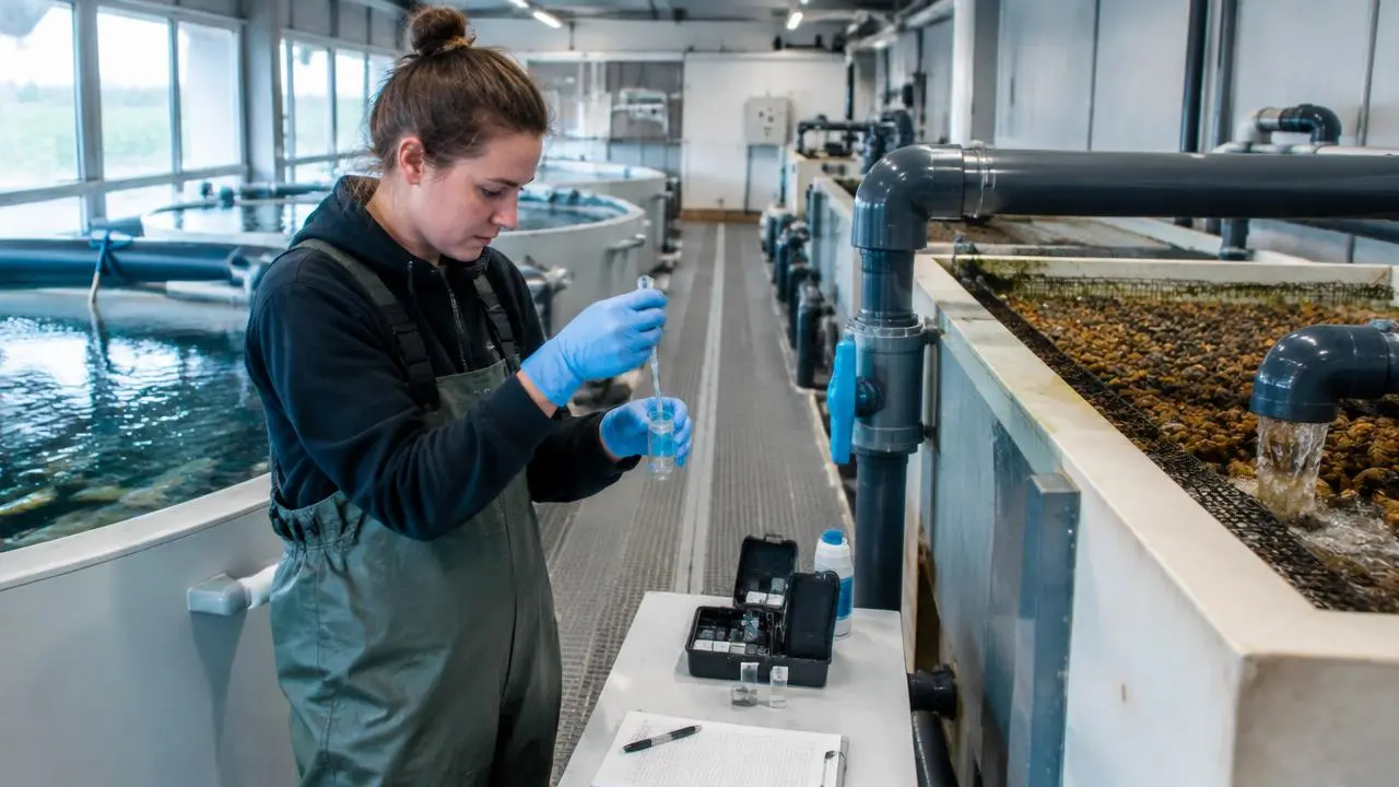 Technician testing a water sample beside a RAS biofilter tank in an indoor fish farm