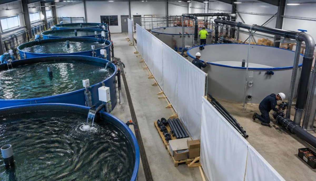 Operating RAS fish tanks beside a new tank module being installed behind a temporary partition