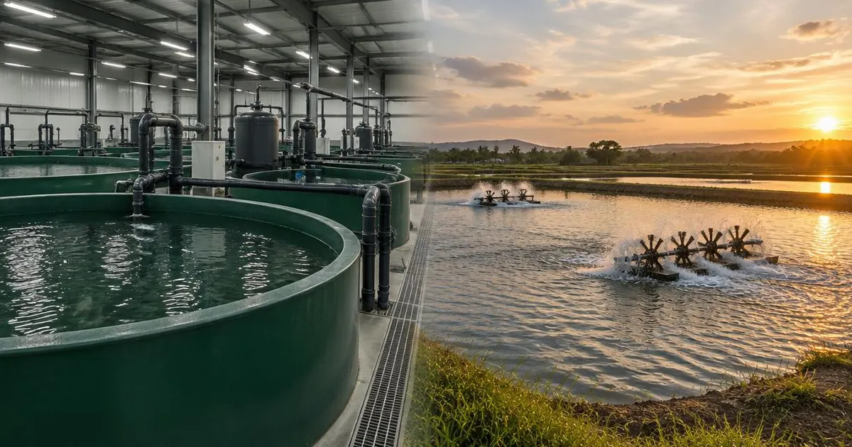 Foto ilustrativa: a la izquierda, nave interior de recirculación con tanques circulares; a la derecha, estanques al aire libre con aireadores de paletas al atardecer